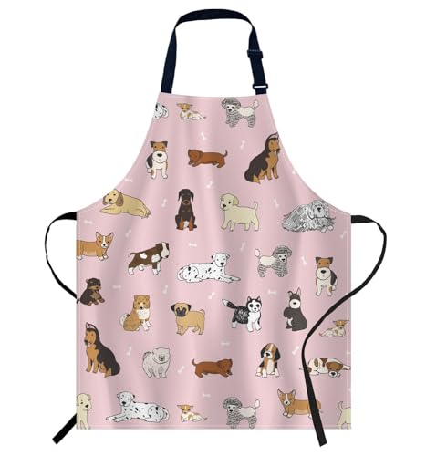 Smooffly Cartoon Doodle Puppy Dog Pink Apron Unisex Adjustable Bib Apron Cooking Kitchen Chef Women Men Aprons for Home Kitchen, Restaurant,Coffee House,Shop,Garden