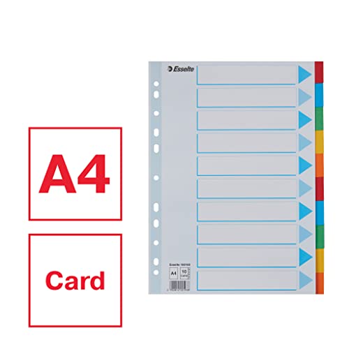 Esselte A4 Ordner-Register, 10er-Set mit je 10 farbigen Trennblättern und einem Deckblatt, für Ringbücher und Ordner mit Hebelmechanik, aus langlebigem, umweltfreundlichem Recycling-Karton, 100193
