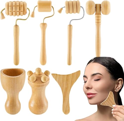 Wood Therapy Massage Tools 7 PCS Wooden Massage Roller Hand Roller Massager Professional Complete Wood Massager Face Sculpting Tool Facial Roller for Body and Face
