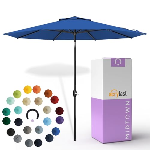 Image of Midtown Umbrellas - The Lean 10 Ft Patio Umbrella with 10-Year-No-Fade Acrylast Acrylic Fabric, Auto-Tilt and 8 Reinforced Ribs for Deck, Pool, Garden, Hotel & Cafes - Deep Atlantic Canopy, Black Pole