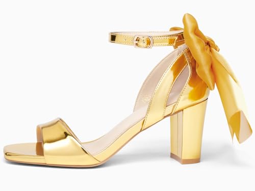 Image of Coutgo Women's Bow Tie Heeled Sandals Chunky Heels One Strap Satin Ankle Buckle Dress Wedding Shoes