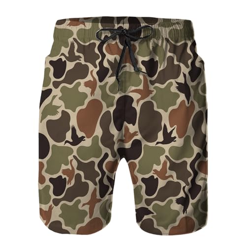 Mens Swim Trunks with Mesh Lining Camo Duck Hunting Brown Quick Dry Swimsuit Board Shorts Beach Pants Swimwear Bathing Suits XL