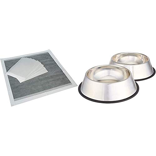 Amazon Basics - Empapadores de adiestramiento para perros, carbón, normal, 40 unidades + Comedero para perro (acero inoxidable, 2 unidades)