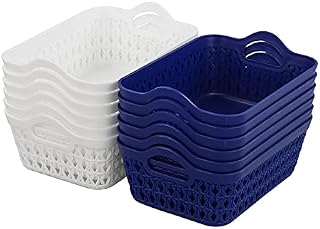 Waikhomes Set of 12 Plastic Storage Baskets Trays, Small Baskets, Basket Tray (White/blue)