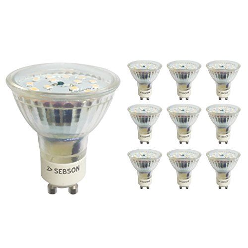 SEBSON GU10 LED Lampe 5W dimmbar warmweiß, Ra95 flimmerfrei ersetzt 30-35W Halogen, 3000K, 230V LED Leuchtmittel, Deckenlampe ø50 x 57mm - 10er Set