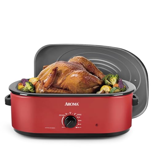 AROMA 18Qt. Roaster Oven with Self-Basting Lid, Fits 22-lb. Turkey, Adjustable Temperature Settings, Keep Warm Setting, Red (ART-718R)
