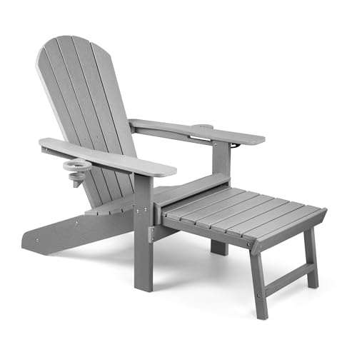 VonHaus Grey Adirondack Chair - Reclining Slatted Style Garden Chair with Pull-out Footrest - Durable Weather Resistant HDPE Plastic Outdoor Armchair for Patio & Decking - Westport