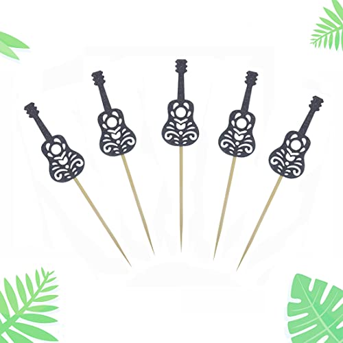 Morndew 24 Pcs Black Glitter Guitar Cupcake Toppers For Music Theme Party Birthday Party Wedding Party Decorations #TOP3