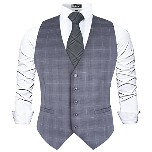 Alizeal Mens Plaid Business Suit Vest V-Neck Regular Fit Checked Tuxedo Waistcoat, Pewter-Xl #TOP10