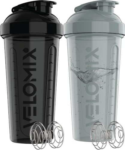 Image of VELOMIX 2 Pack 28oz Protein Shaker Bottle for Protein Mixes (Black /Grey)