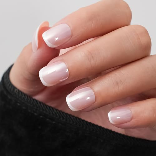 GZMAYUEN 24Pcs Faux Ongles French Carré, Français Blanc Effet Pearl Gloss Press On Nails Court, Couverture Complète Fake Nails pour Femmes et Filles