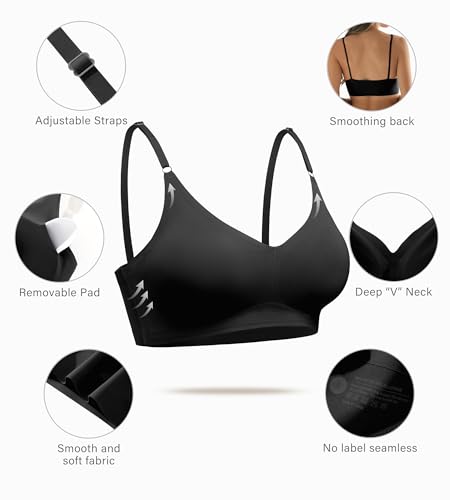 DEANGELMON Seamless Bras for Women V Neck Padded Bra Adjustable Straps Bralettes Everyday Sleeping Bra Multiple Pack(3P15,S)