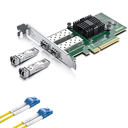 10Gb SFP+ PCI-E NIC con 2 módulos 10G Single Mode SFP+ LC y cable de parche de fibra OS2 LC a LC de 2m, Dual Puertos SFP+, PCIe X8, compatible con Windows Server/Linux/VMware miniatura 1