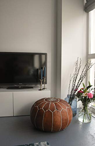 Premium Moroccan Leather Pouf - Handmade - Delivered Stuffed - Ottoman, Footstool, Floor Cushion (Cognac Brown) #TOP5