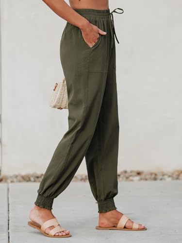 CUPSHE Women Pants Tapered Leg Smocking Drawstring High Rise Pant Casual Summer3