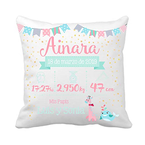 Kembilove Cojín Personalizado Natalicio para Bebes – Cojín Natalicio con Nombre y Datos del Bebe – Cojín Natalicio para recién Nacidos – Cojines Infantiles para Bebes – Regalos Originales (Mod-23)