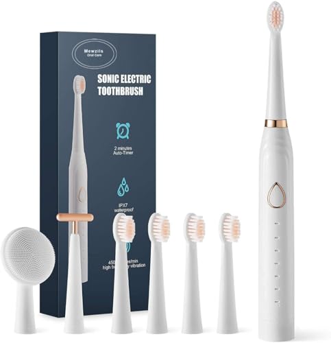 Brosse à dents électrique sonique rechargeable – 7 têtes de brosse + brosse nettoyante visage, étanche IPX7, 45000 vibrations/min, poils souples, adultes