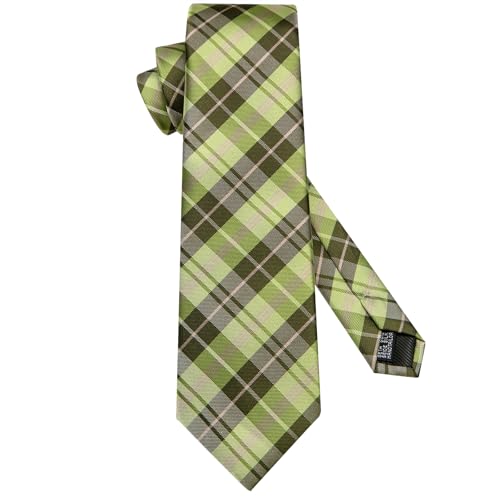 Image of Dubulle Mens Green Checks Tie and Lapel Pin Striped Floral Necktie for Men Pocket Square Cufflinks Wedding Party