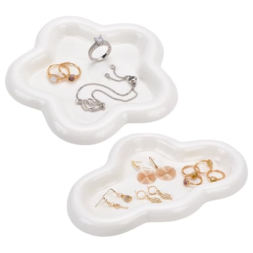 NBEADS 2 Vassoio Portagioie In Ceramica, Piatto Portaoggetti A Forma di Nuvola/Fiore In Ceramica, Porta Orecchini Ad Anello, Piatto Decorativo Bianco per Gioielli, Orologi, Chiavi