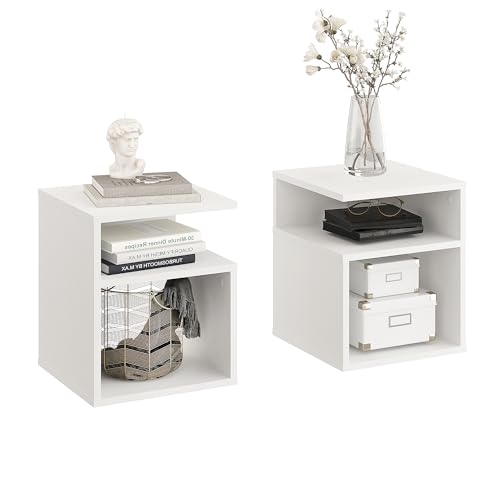 Komto Table de Chevet Lot de 2 Blanc – Table de Nuit avec 2 Compartiments Ouverts, Chevet de Lit...