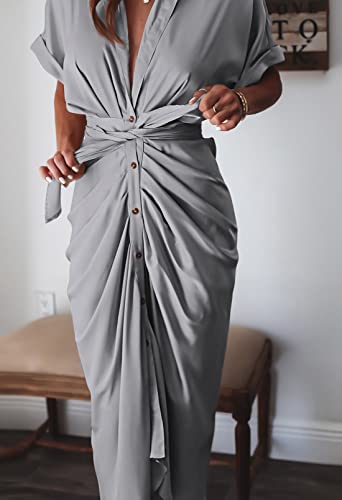 Linsery Satin Shirt Dress Women Button Down Short Sleeve Ruched Formal Work Belted Maxi Dress Gray S - Thumbnail 5