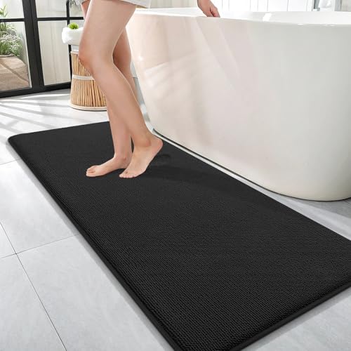 Image of OLANLY Thick Memory Foam Bathroom Runner Rugs 47x17, Extra Soft Absorbent Long Bath Rug, Quick Dry Bath Mats, Non-Slip, Machine Washable Mat for Bathroom, Tub and Shower, Home Decor Accessories, Black