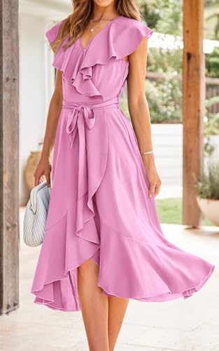 Image of RETTYGARDEN Women's 2026 Summer Cross Midi Dress Casual Boho Deep V Neck Short Sleeve Ruffle Hem Split Beach Long Dresses