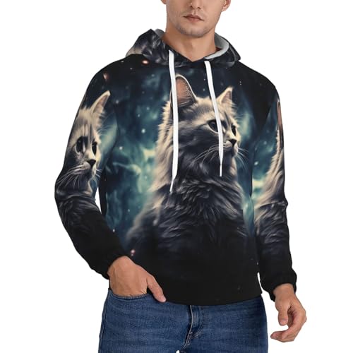 Men's Fleece Pullover Hoodie Long Sleeve Hooded A cat in a nebula Sweatshirt Casual Shirts With Pockets X-Large Black