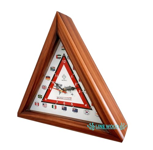 Image of LINE Wood - Antique Wooden Wall Clock - Triangular Shape Multi-Country World Clock with Time Zones Vintage Style for Home, Office, Bedroom, Hall, Living Room, Farmhouse Decor (12 INCH)