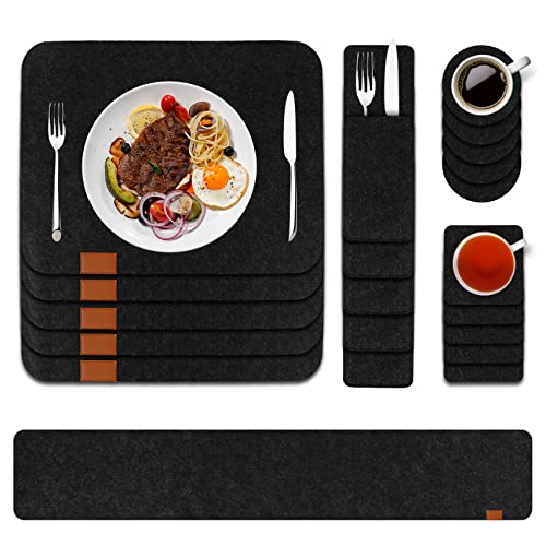Manteles Individuales de Fieltro 25 pcs, Manteles de Fieltro Juego de 6 con 6 Ronda Posavasos 6 Cuadrado Posavasos y 6 Bolsas de Cubiertos 1 Largo Tapete de Mesa Lavables Antideslizante Resistente Cover