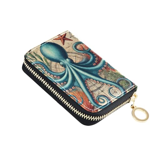 GAIGEO Credit Card Holder RFID Blocking Wallets for Women Small Zip Around Zipper Coin Purse with Key Ring Blue Octopus Sea Art