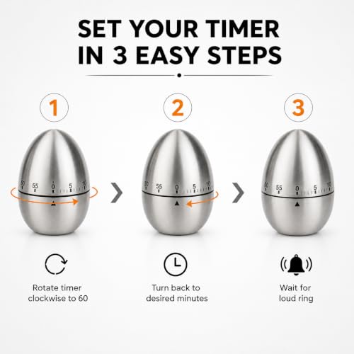 Image of KRESHU Stainless Steel Egg Kitchen Timer, Mechanical 60 Minute Pomodoro | For Cooking and Baking, Compact Manual Stopwatch, for Home and Office