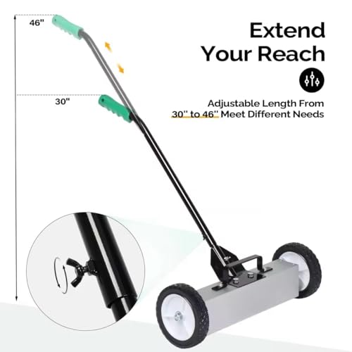 LEADZM 18-Inch Rolling Magnetic Pick-Up Sweeper with Wheels, with Quick Release Latch and Adjustable Long Handle, for Nails Needles Screws Collection, Great for Yard Grass Carpet and Concrete Floor