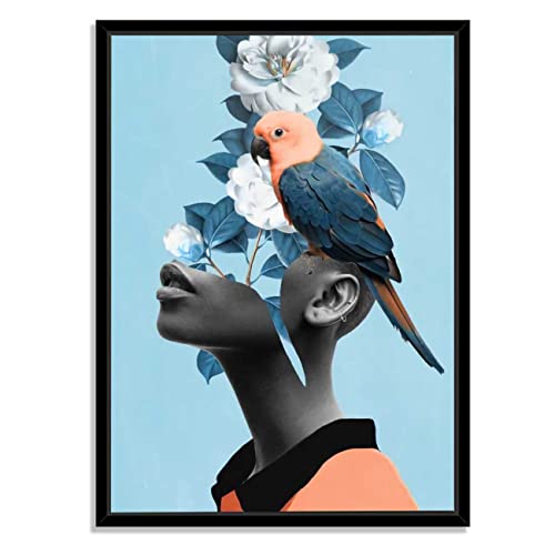 Image of PAINTINGMANTRA Blue Bell Girl With Flower Bouquet Black Framed Canvas Print for Wall, Home and Living Room Decoration (Size - 23 x 17 Inchs)
