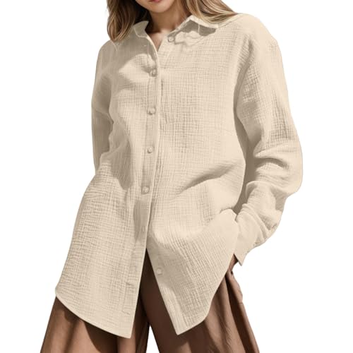 Women's Button Down Lapel Shirts Casual Long Sleeve Top Plain Oversized Blouse Women Tops Womens Polyester (Beige, L)