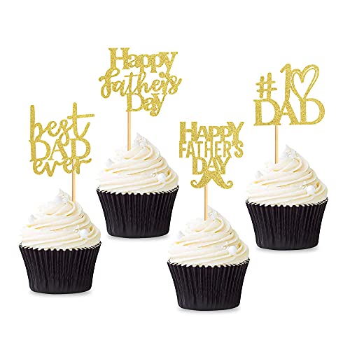 36 pcs Father's Day Cupcake Topper Gold Glitter Happy Father's Day Best Dad Ever Cupcake Topper Birthday Party Cake Decorations Toppers Picks for Father's Birthday Party Supply