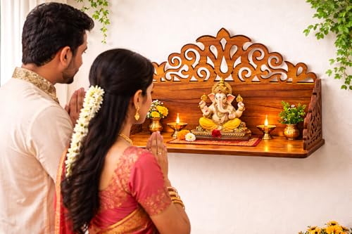 Image of Wooden Mandir for Home | Pooja Mandir for Home & Office | Wooden Puja Ghar Stand for Prayer Room | Small Devghar Temple for Living Room Decor & Daily Worship