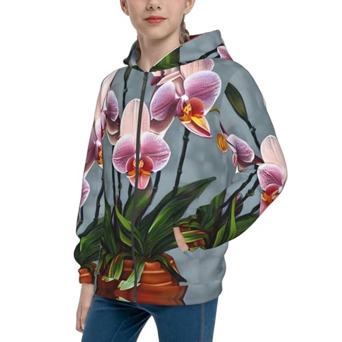 X-Large Blooming Orchids Print Girls Athletic Zip Up Hoodies,Sweatshirts with Pockets Long Sleeve Hooded Jackets, for 7-18 Y Black