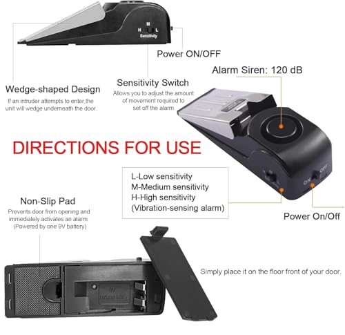 QEEYON Türstopper Alarm & Tragbares Türschloss, Alarm-Keil mit 120-dB-Alarm, Einstellbares Doppelschutz-Sicherheitstür-Kit für den persönlichen Schutz von Heimhotels und Reisen