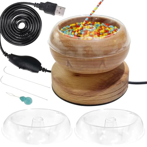 EHERDM Electric Bead Spinner Wood Beaded Bowl with 3 Trays and 2 Beading Needles Automatic Speed and...