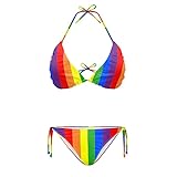 Irisjudy Rainbow Stripes Women Two Piece Swimsuit Bikini Set LGBTQ Pride Low Rise Bathing Swimwear Pride Month Outfit Ribbed Triangle Top