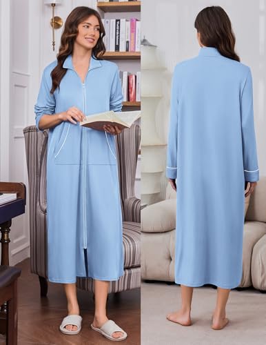 Image of Ekouaer Zipper Robes for Women Long Sleeve Lightweight House Coats with Pockets Zip Up Bathrobe Loungewear S-3XL