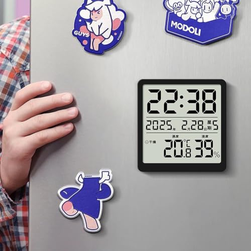 Vibsky Reloj despertador digital con monitor de temperatura y humedad, pantalla LCD, fase lunar, fecha y día, diseño ultra delgado para montaje en pared o nevera, funciona con pilas (negro)