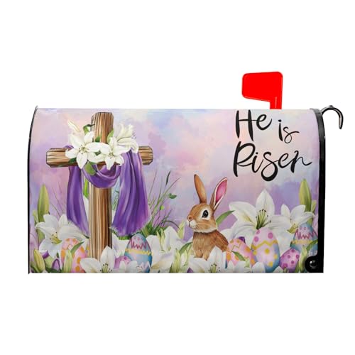 Image of Easter He is Risen Cross Mailbox Covers Magnetic Standard Size 18x21in Happy Easter Bunny Mailbox Cover Spring Lily Flowers Mailbox Wrap Post Letter Box Cover Decorative for Home Outdoor Yard Garden
