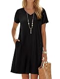 Enmain Robe Lin Femme été Noir Manches Courtes col V Robe Femme Lin Ample et Decontractée Chic et Élégante Longueur Genou légère avec Poches sans Accessoires L
