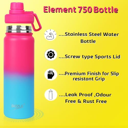 Image of Sizzle Element Modern Stainless Steel Water Bottle 750 ML - Lightweight Leakproof Bottle with Powder Coating Finish - Dual Pink Blue Colour - For Kids & Adults
