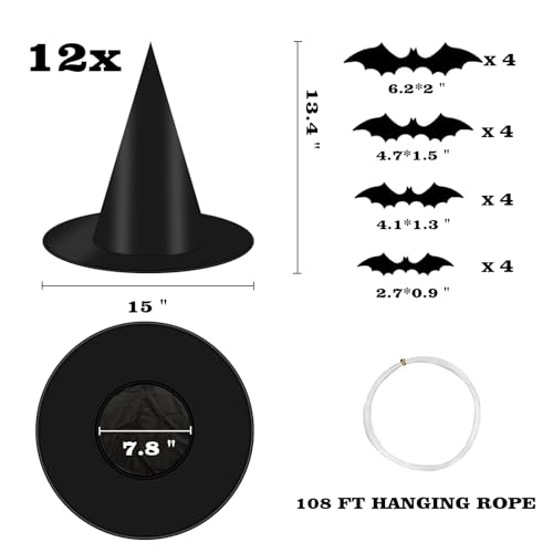 12 PCS Hanging Witch Hats Black/Pink, 16 PCS 3D Bats Stickers for Halloween Indoor Outdoor Decorations2