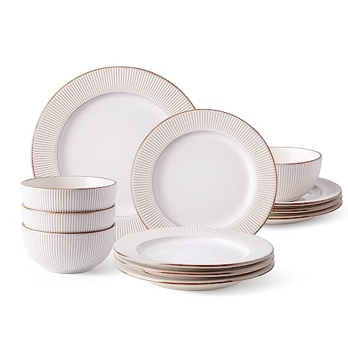 Gbhome Ceramic Dinnerware Sets,Elegant Stoneware Plates And Bowls Sets,Highly Chip And Crack Resistant | Dishwasher & Microwave Safe | Dishes Set Service For 4 (12Pc)-Soft Off White #TOP6
