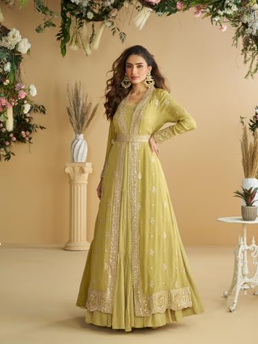Image of JATRIQQ Parrotgreen Chinon Silk with Embroidered Work Gown with Shrug and Belt