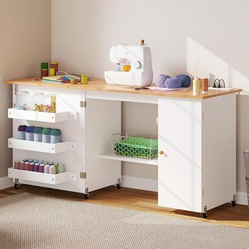 DWVO Folding Sewing Table w/Charging Station, Sewing Table with Storage, Multi-Craft Desk with Lockable Casters, Magnetic Doors, Hidden Storage